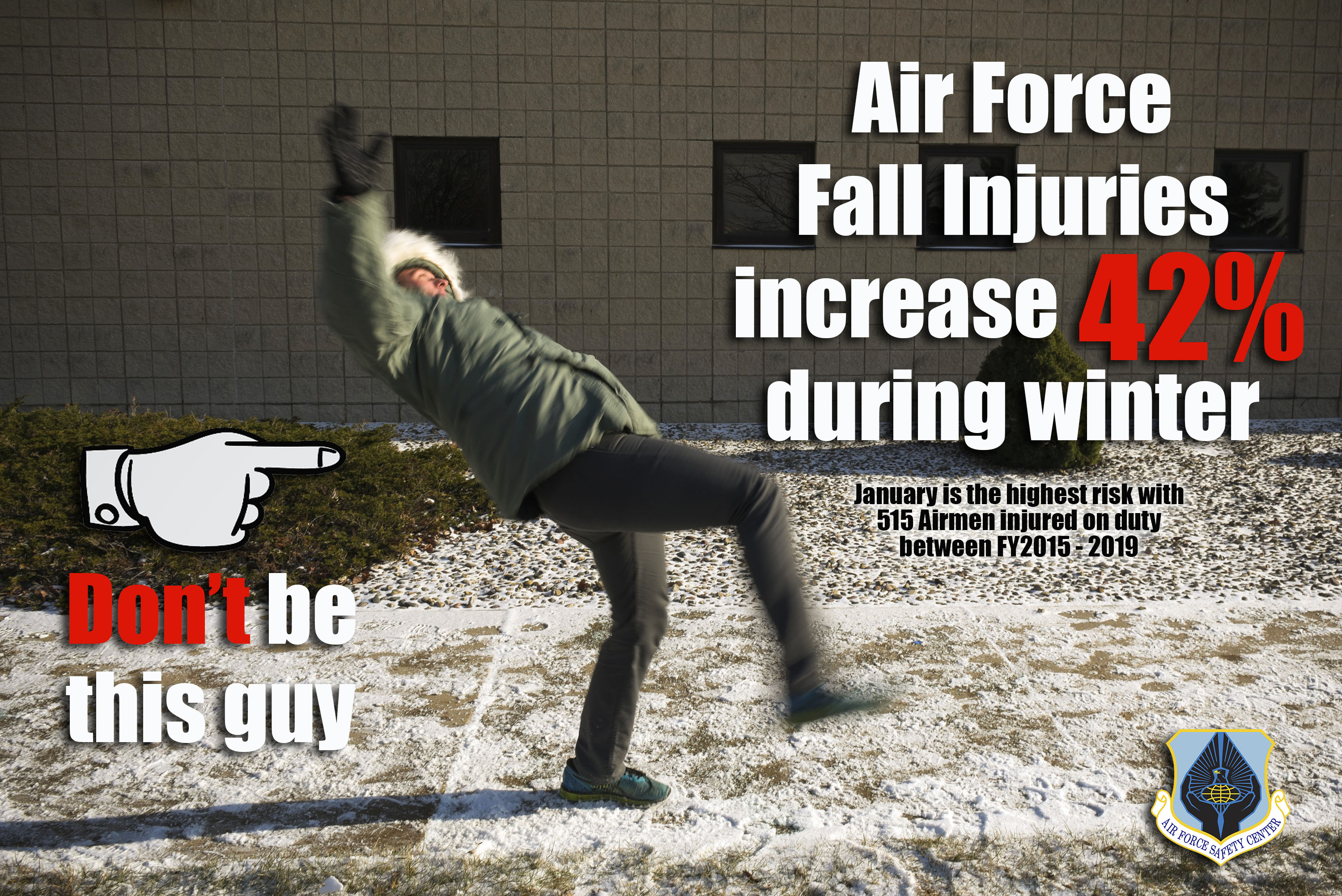 Link to Fall Injuries poster - Airman slipping on icy sidewalk